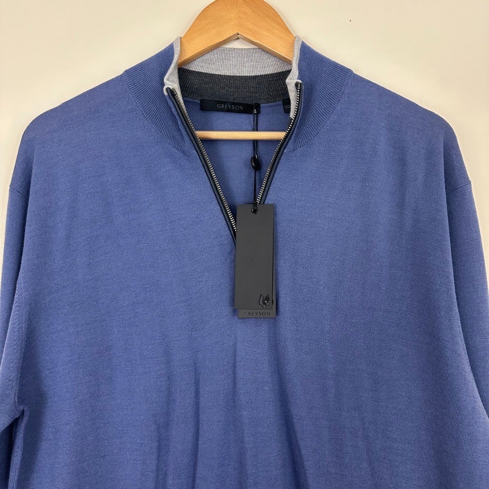 Greyson Sweater Solid Blue Wool Long Sleeve Quarter Zip Pullover Men L Read
